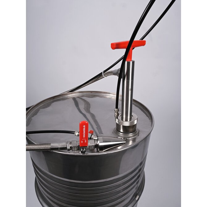 Gas-tight stainless steel drum pump with outlet hose