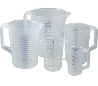 Industrial measuring jug, with closed handle