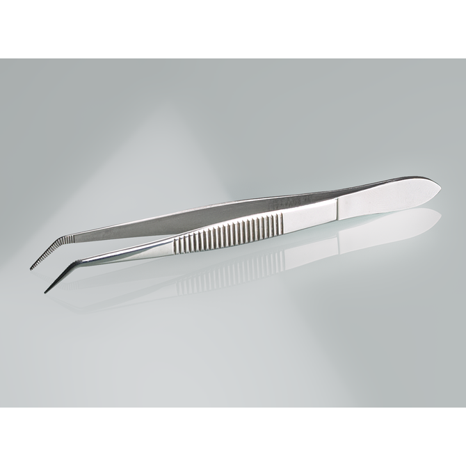 Forceps, stainless steel, sharp, bent form