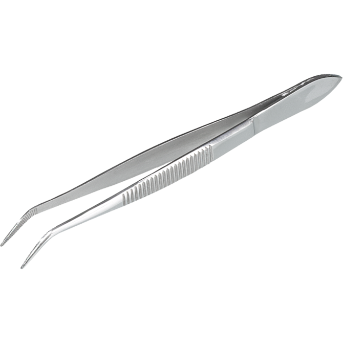 Forceps, stainless steel, sharp, bent form