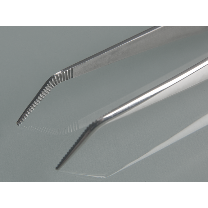 Forceps, stainless steel, sharp, bent form