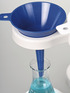 Blue disposable liquid funnel, use