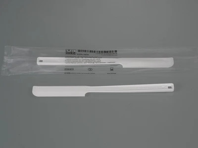 Sampling palette knife spatula, white, disposable, packaged and unpackaged